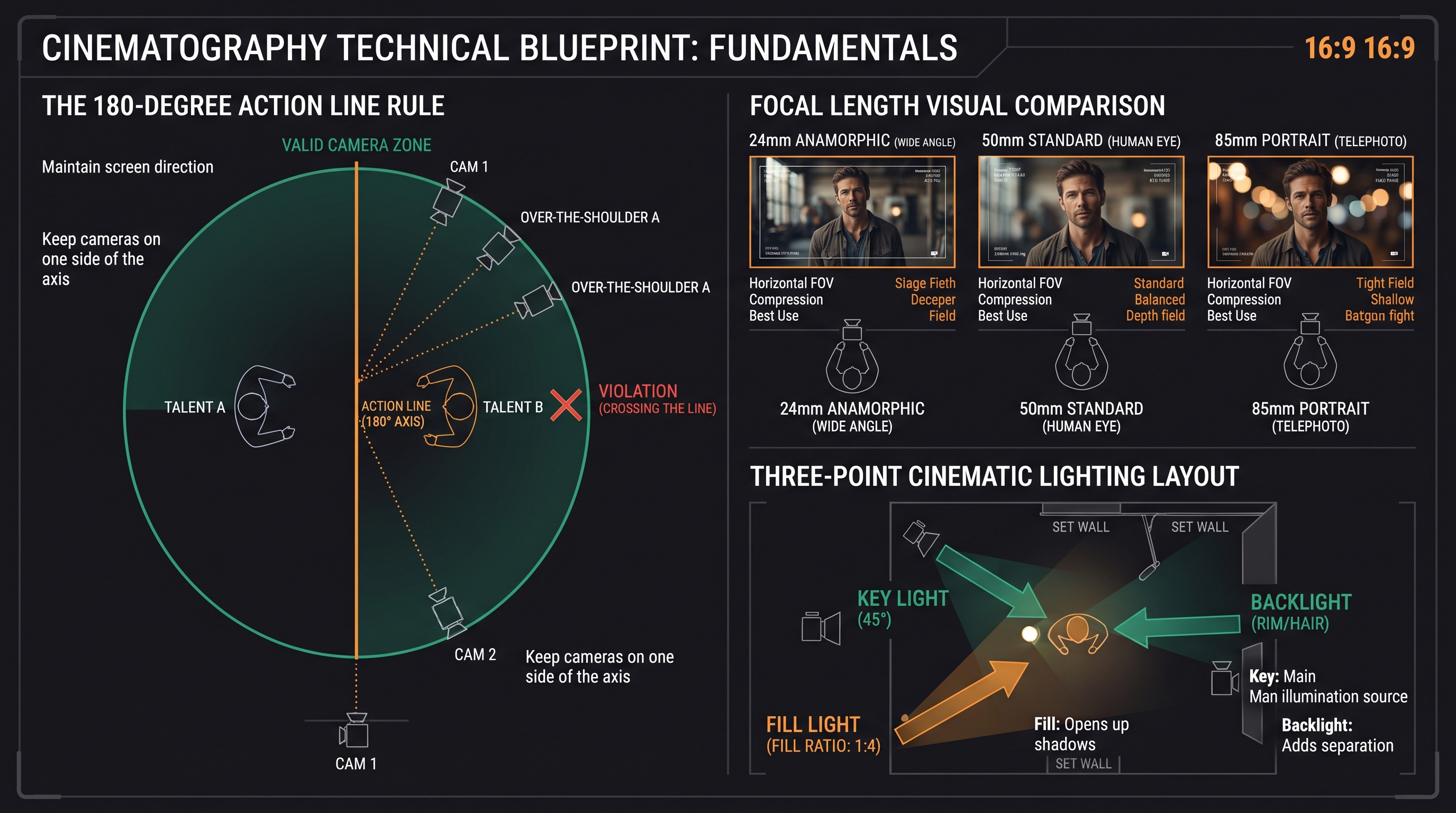 Diagrama de cinematografía con IA comparando planos de cámara, regla de los 180 grados y variación de distancias focales