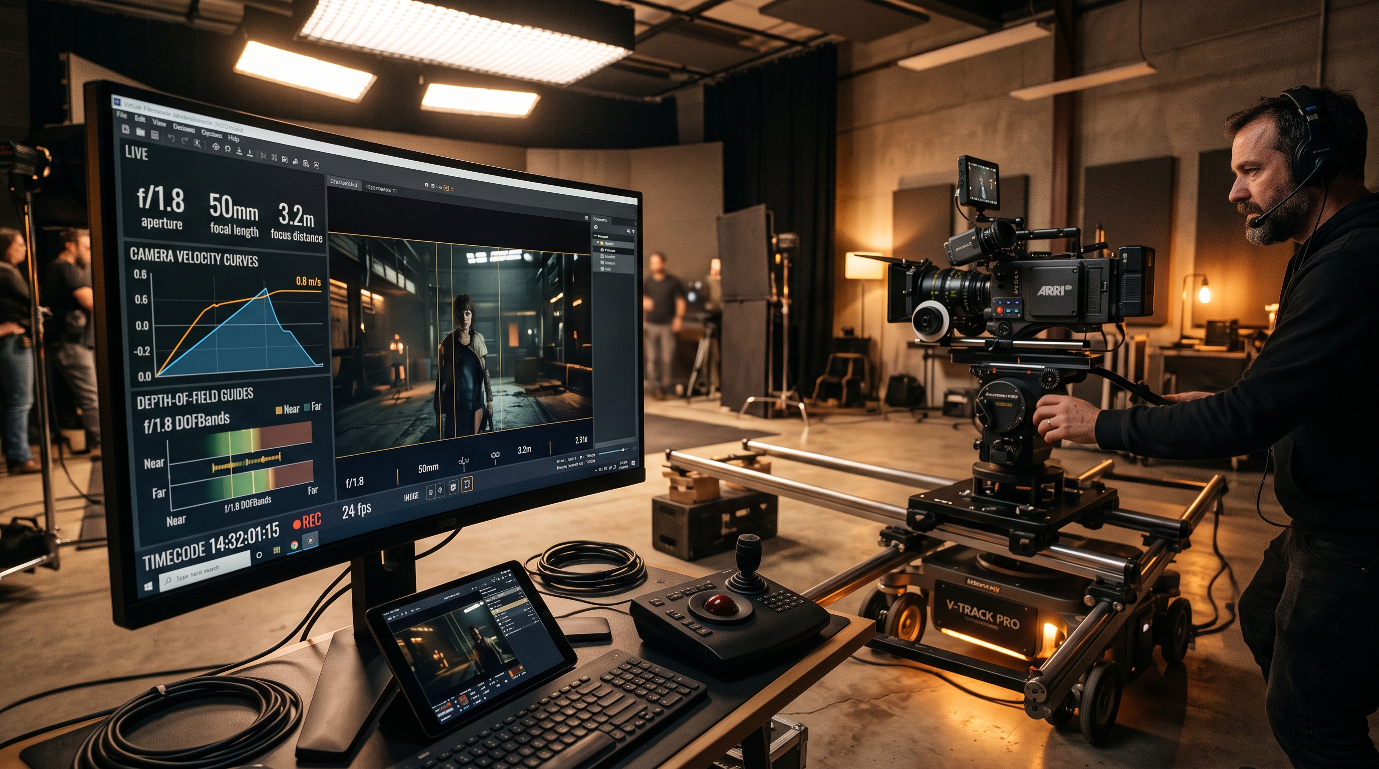 Espacio de trabajo virtual con rigging de cámara 3D, raíles de travelling y focales calibradas a 24mm y 85mm
