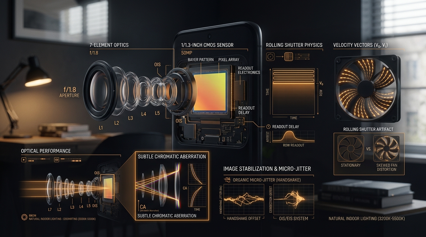 Schéma optique technique illustrant la physique des capteurs smartphone appliquée à la vidéo par IA