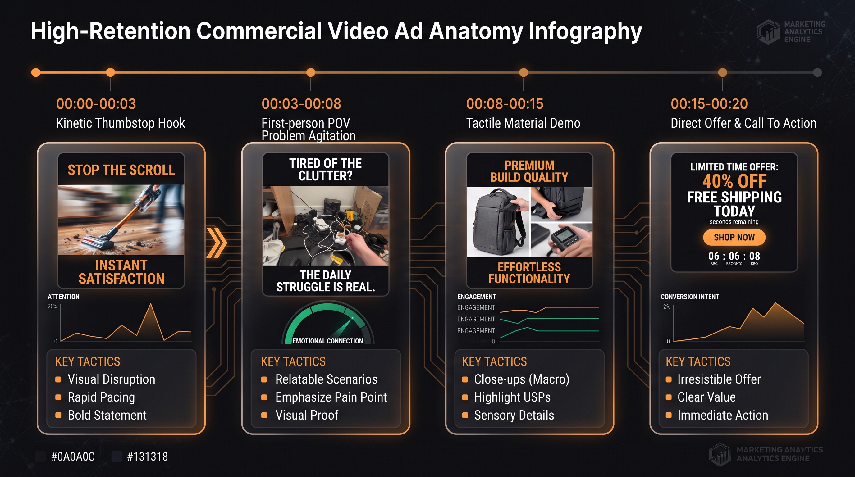 Infographic detailing high-converting AI product commercial anatomy: visual hook, problem agitation, product demo, and direct response offer