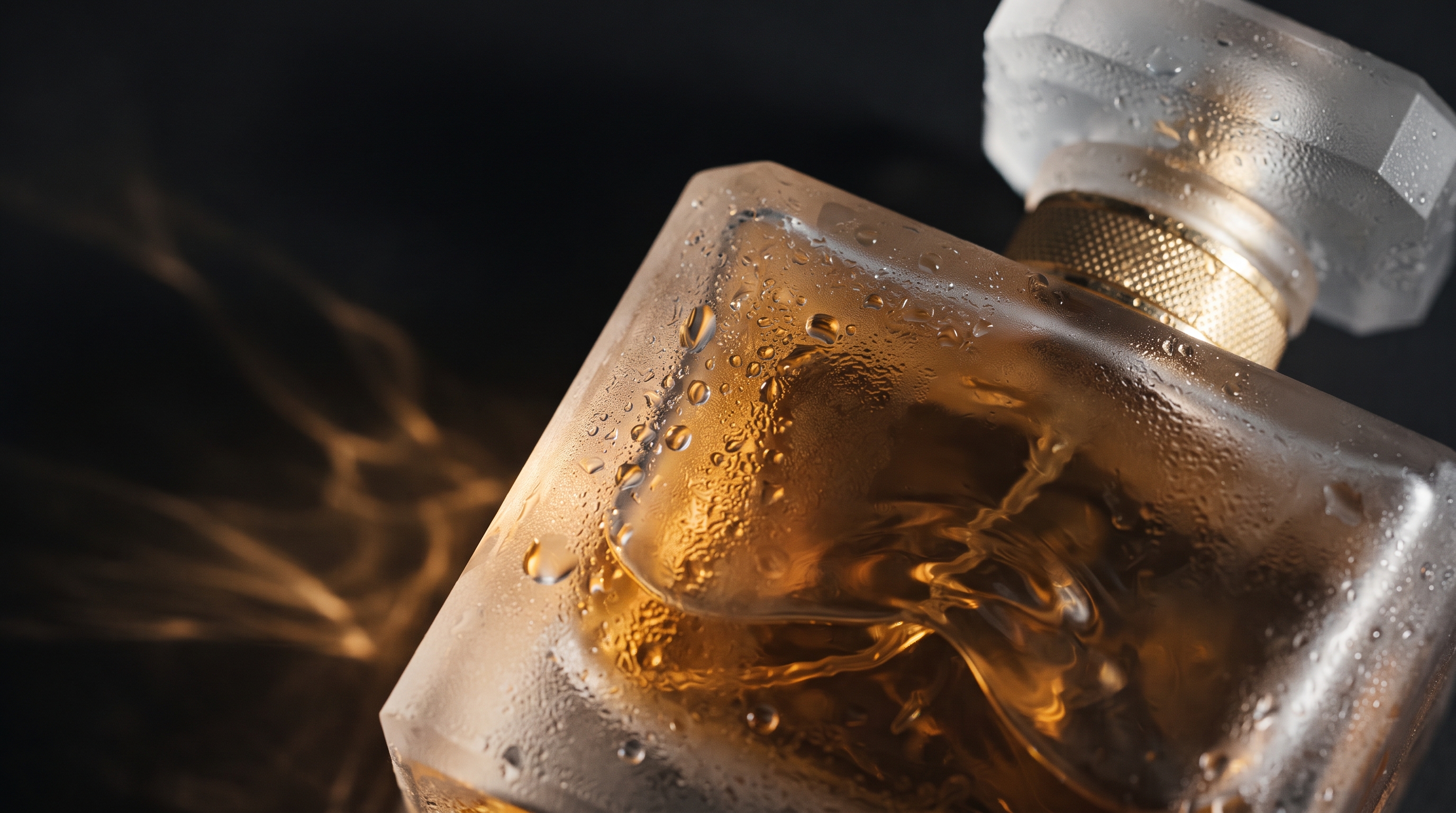 Macro rendering simulation showcasing caustic perfume refractions, soft commercial studio rim lighting, and condensation droplets