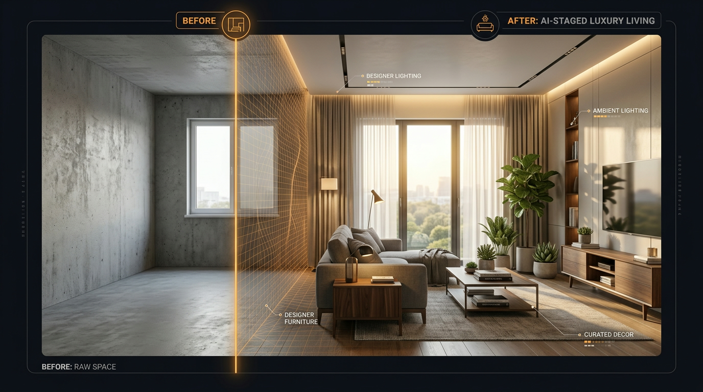 Infographie de home staging virtuel comparant pièce vide en béton et salon meublé de grand standing par IA