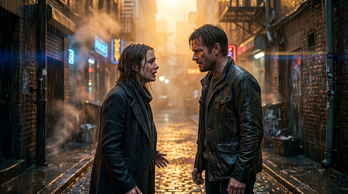 Plan de climax cinématographique avec deux personnages dans une ruelle brumeuse sous une pluie volumétrique avec éclairage ambre