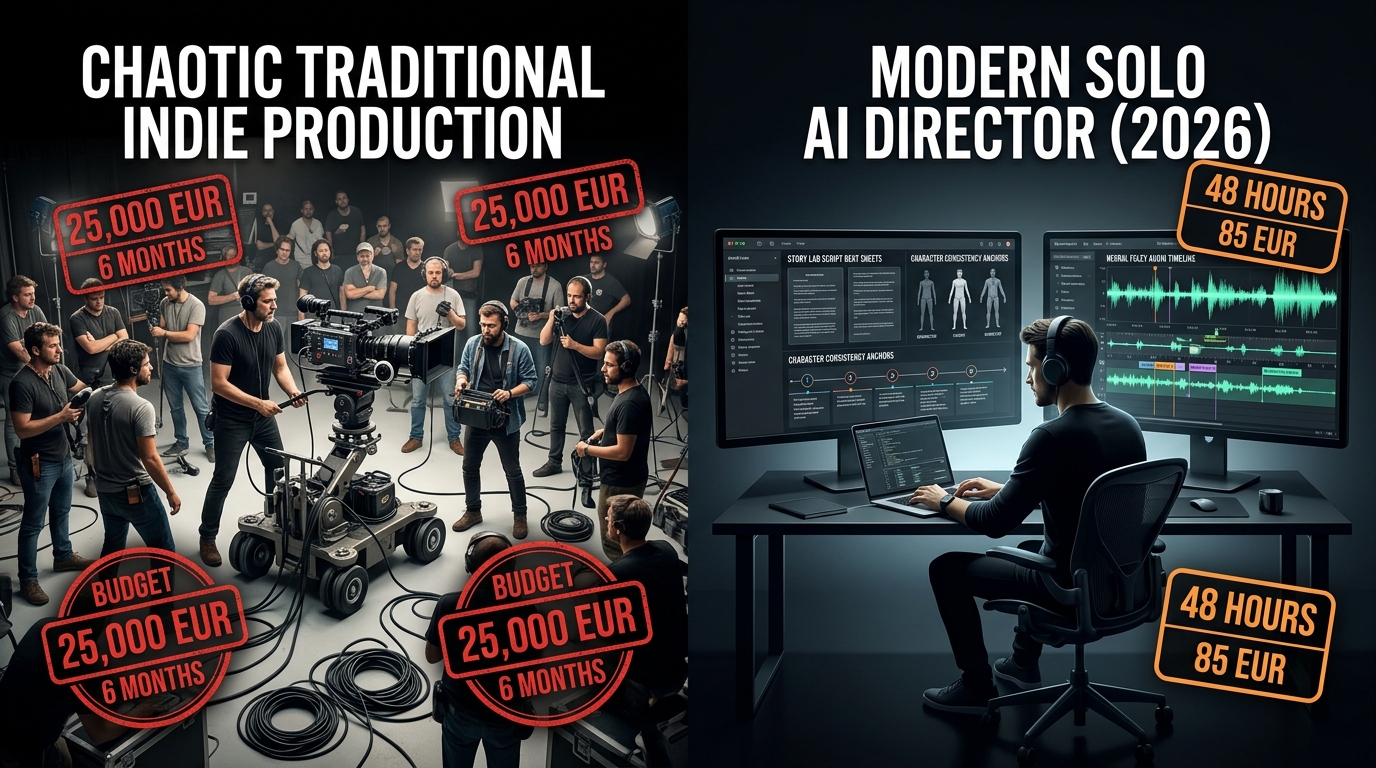 Infographie comparative entre la production indépendante traditionnelle de 25 000 euros et le pipeline solo par IA de 48 heures à 85 euros