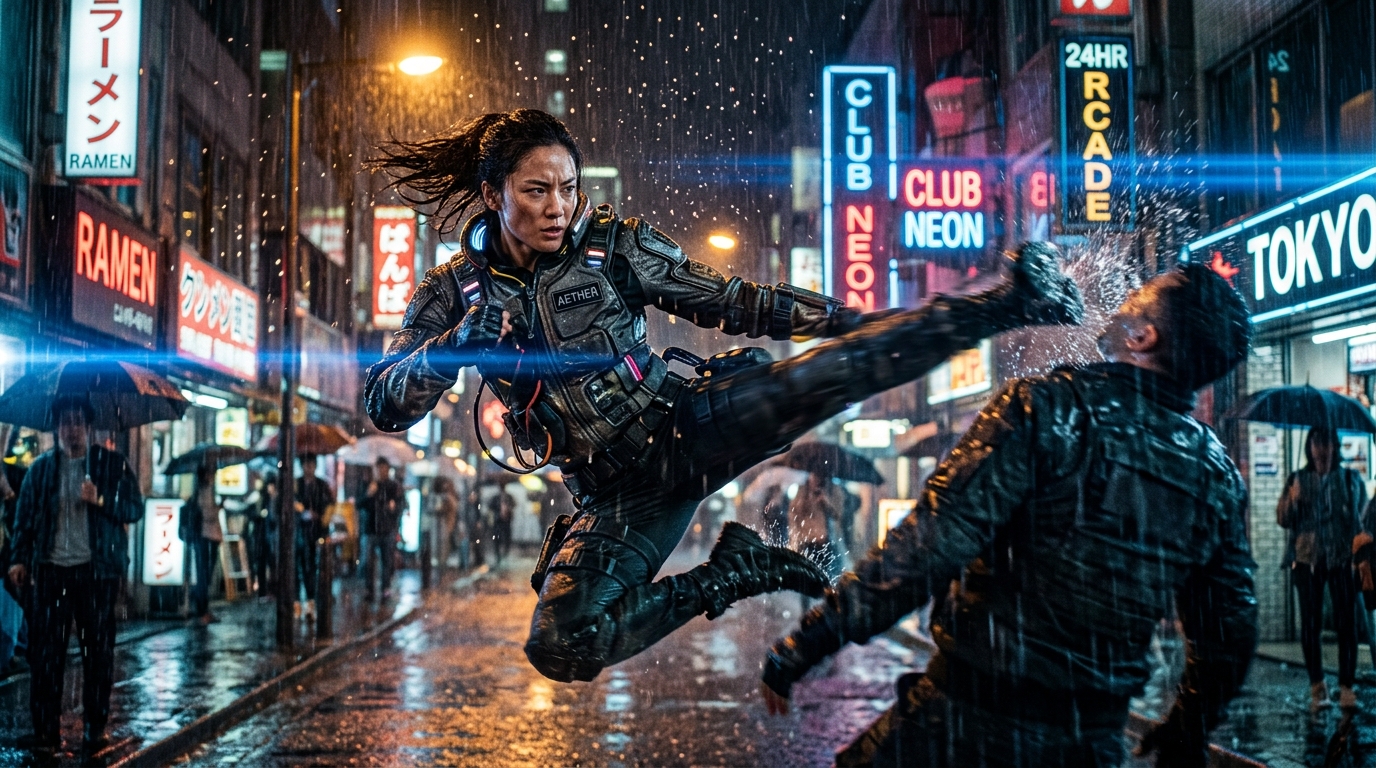 Plan cinématographique d'action au ralenti sous une pluie battante éclairée par des teintes ambrées