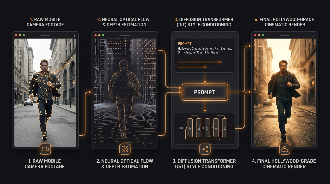 Diagramme technique du pipeline de Video-vers-Video en 2026 montrant l'extraction de profondeur et le rendu cinématographique final