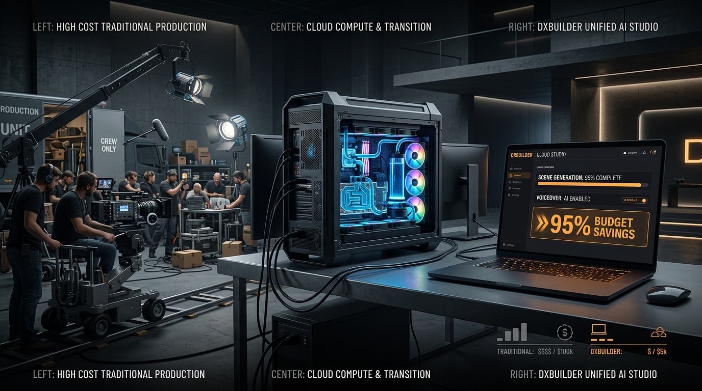 Infographie comparative entre tournage physique traditionnel, tour de hardware locale et suite cloud de DXBuilder