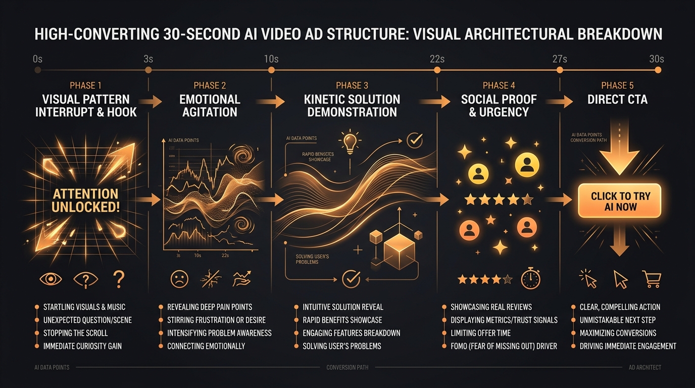Schéma technique de l'entonnoir et anatomie d'une publicité vidéo de 30 secondes à forte conversion