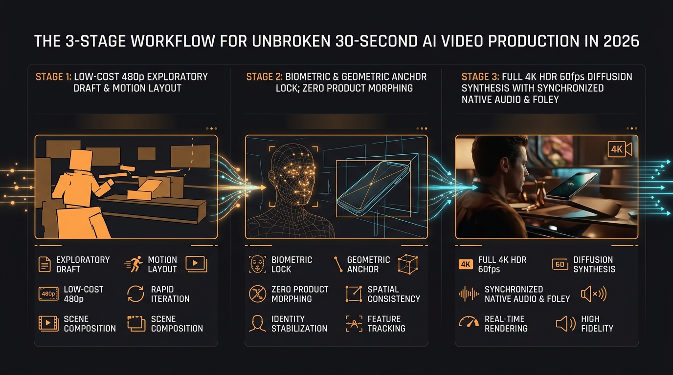 Diagrama de flujo del método de 3 fases para generar vídeos de 30 segundos con IA: Ancla Visual, Prompting Temporal y Render 4K