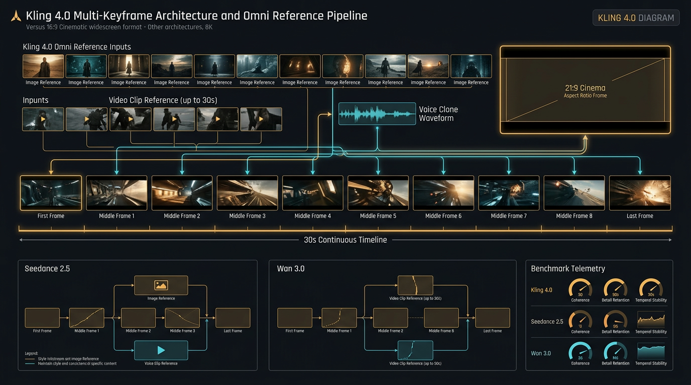 Technical engineering diagram of Kling 4.0 10-Keyframe architecture and 15 Omni Reference pipeline compared against Seedance 2.5 and Wan 3.0