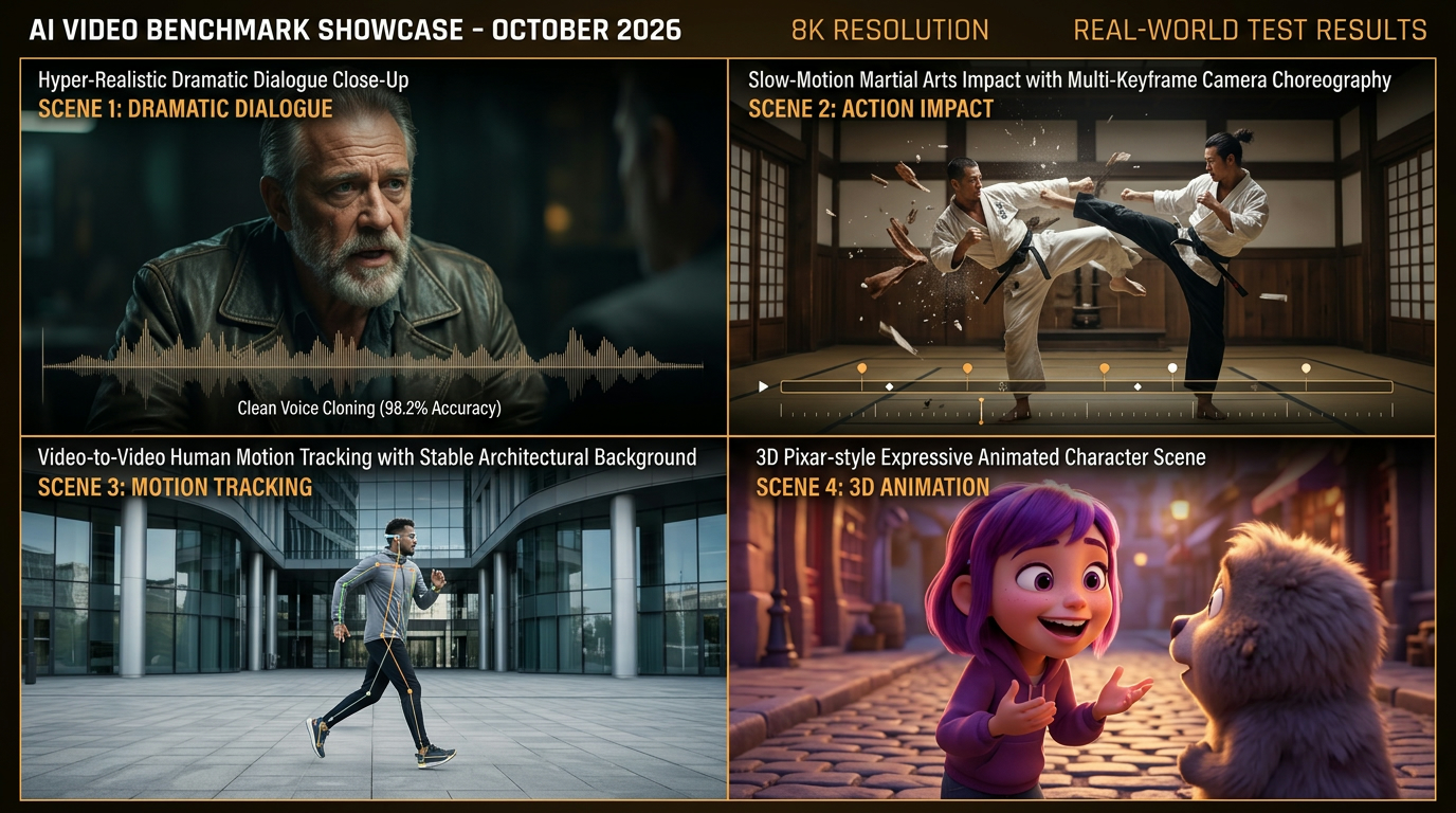 Four-quadrant benchmark showcase of Kling 4.0 test results: photorealistic dramatic dialogue, multi-keyframe slow-motion martial arts impact, Video-to-Video motion tracking, and 3D Pixar animation
