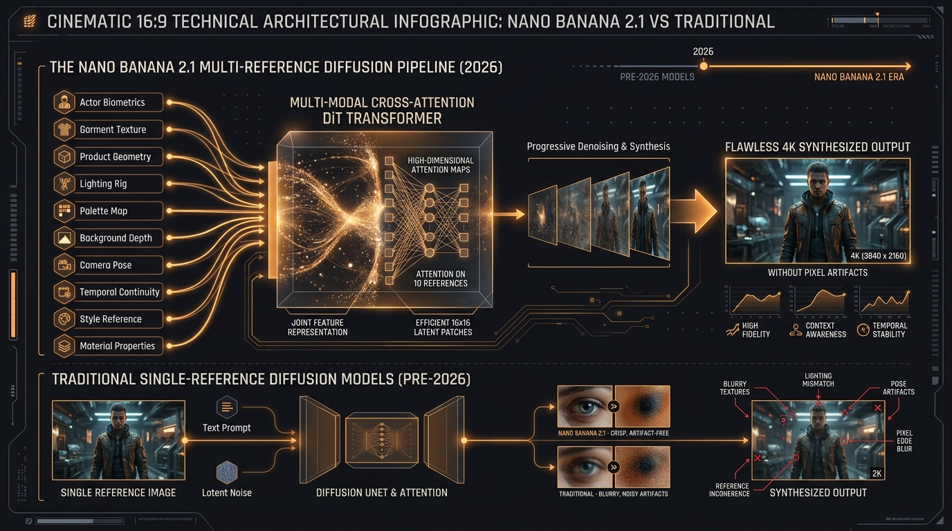 Technical architecture infographic of Nano Banana 2.1's multi-reference pipeline with 10 input nodes and 4K output