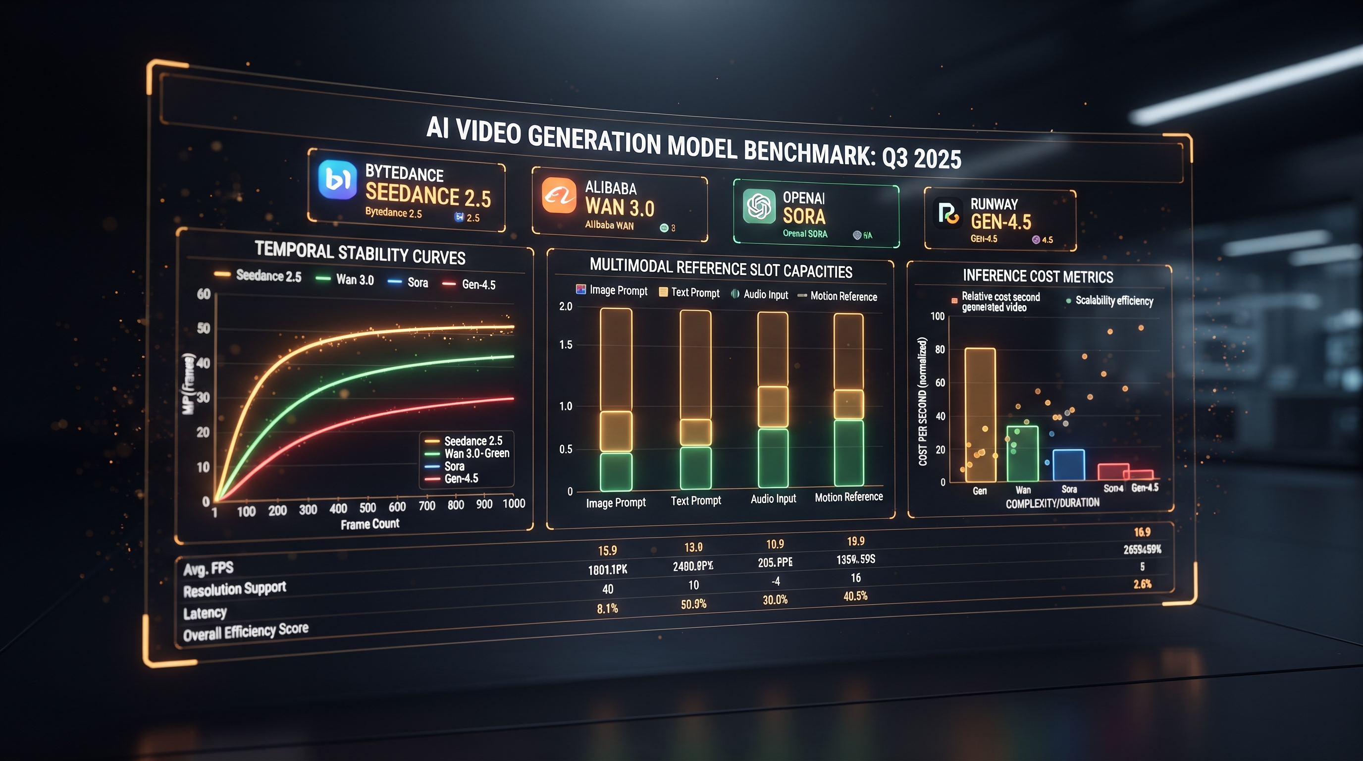 Dashboard de benchmarks técnicos comparando OpenAI Sora, ByteDance Seedance 2.5, Alibaba Wan 3.0 e Runway Gen-4.5