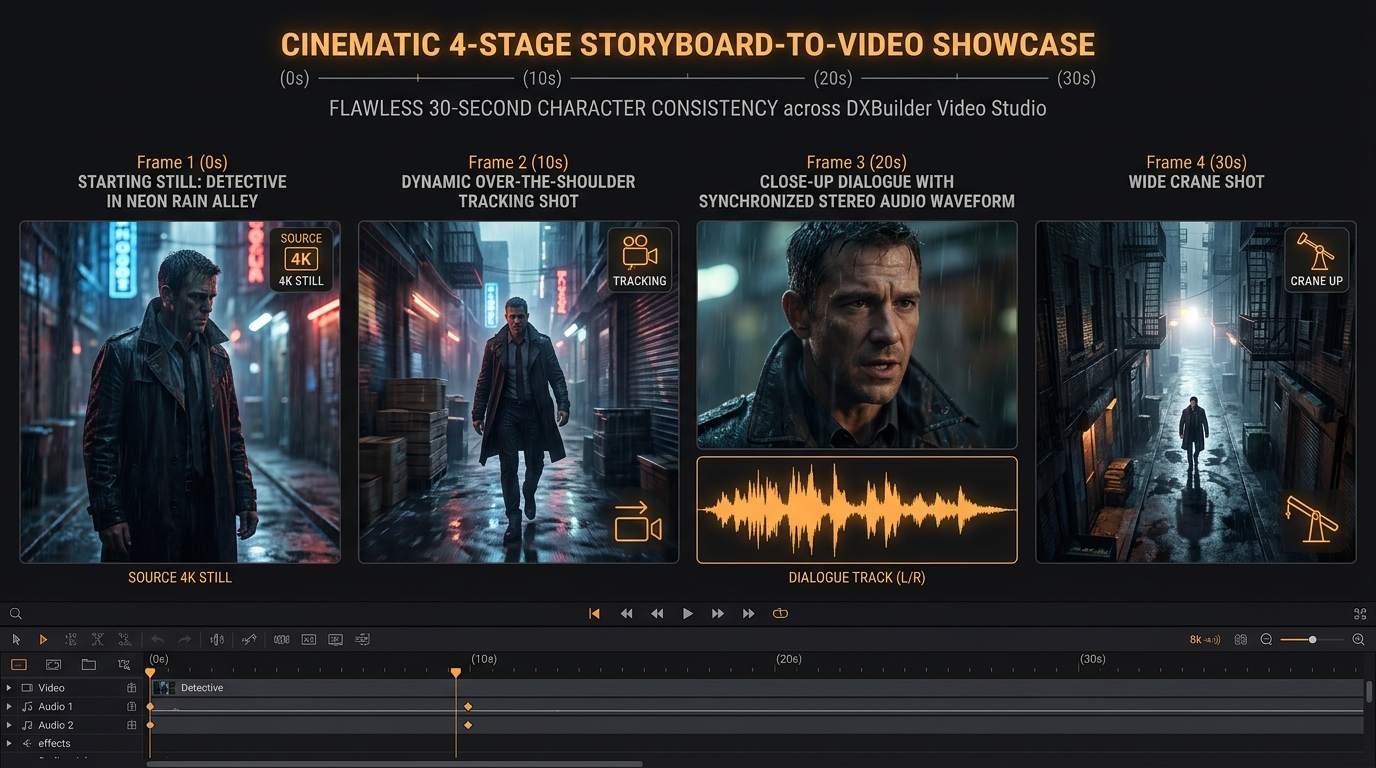 Showcase en 4 étapes sur 30 secondes démontrant une cohérence faciale parfaite d'un détective sous une pluie de néons à 0s, 10s, 20s et 30s dans DXBuilder Video Studio