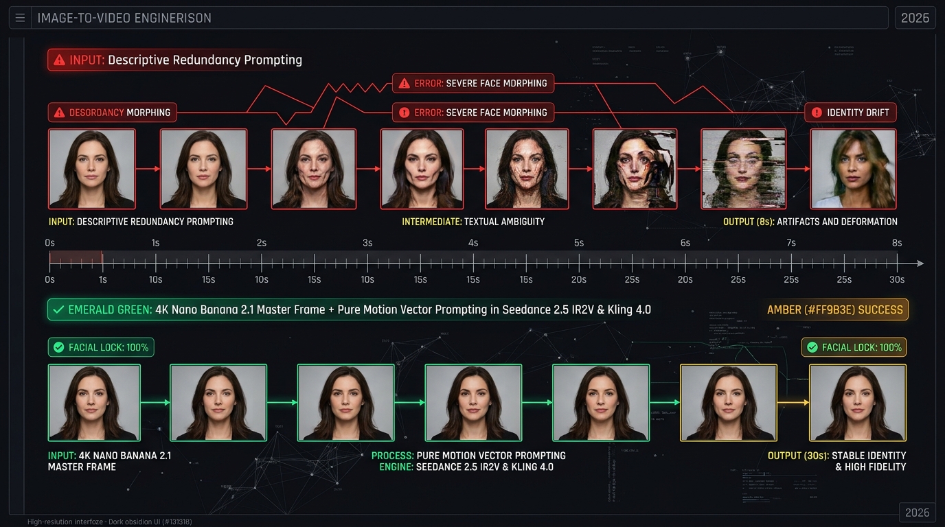 Diagramme d'ingénierie comparant la Redondance Descriptive (qui provoque du face morphing à 8s) au pipeline Master Frame 4K + Vecteur de Mouvement Pur maintenant 100 % d'identité sur 30 secondes