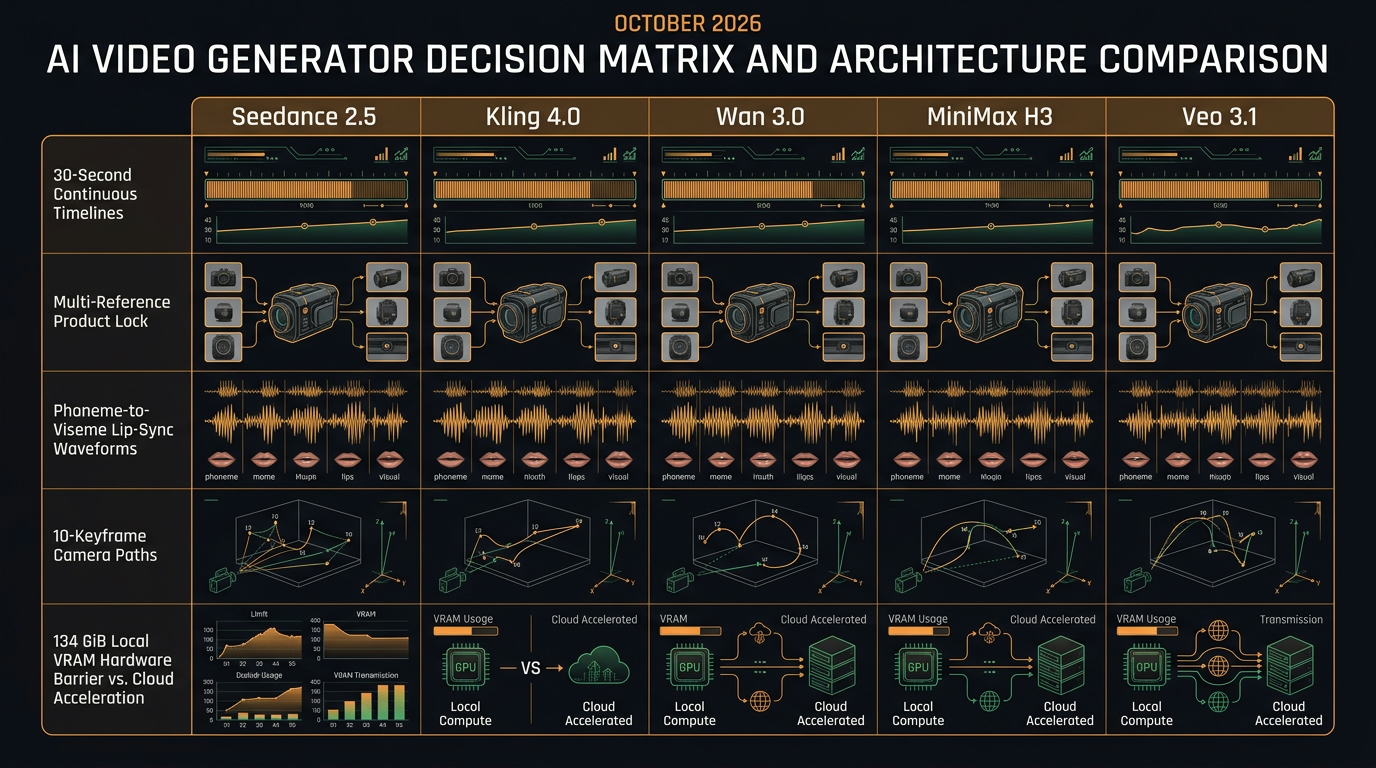 Technical engineering infographic comparing Seedance 2.5, Kling 4.0, Wan 3.0, MiniMax H3, and Veo 3.1 architectures in October 2026