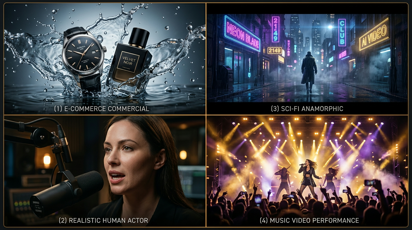 Four-quadrant production showcase illustrating luxury product ads, realistic talking actor lip-sync, sci-fi tracking shots, and synchronized music videos
